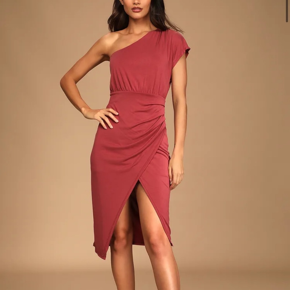 Lulus Raise a Glass - Dusty Rose - One Shoulder MIDI Dress
